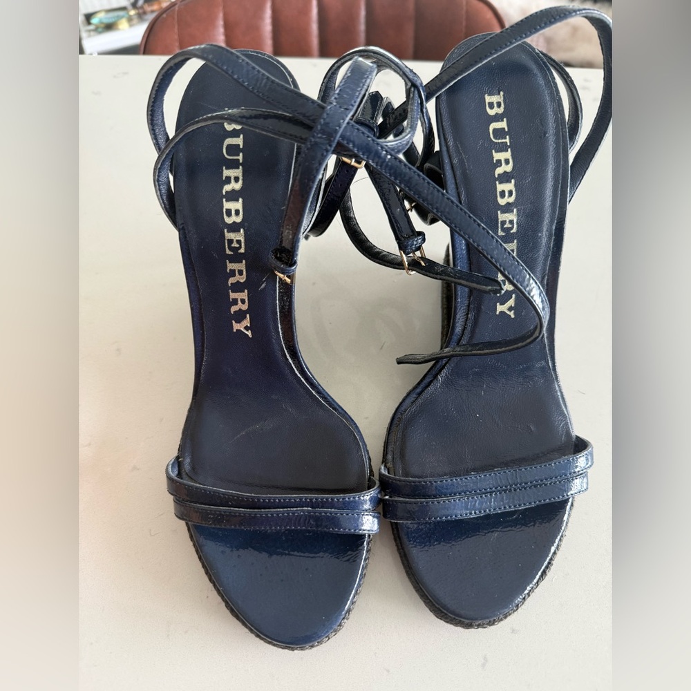 Burberry Navy Blue Patent Leather Strappy Sandals